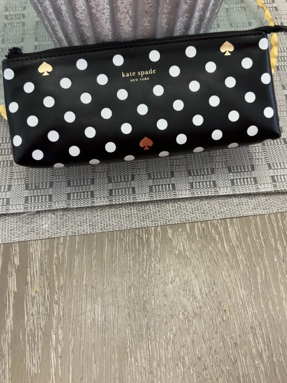 kate spade Black White Polka Dot Zip Pouch with Gold Spade